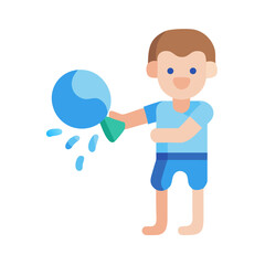 Boy with water balloon flat vector on black background