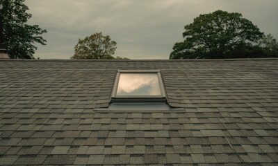 Angled shot of a rooftop with a skylight, overcast sky above, trees visible