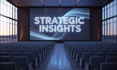Auditorium scene with "Strategic Insights" on screen, rows of seats, window view at dusk