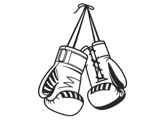 Minimalist vector of boxing gloves hanging by their laces, simple black line art on white background, clean outline, no shading