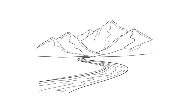 Hand-drawn sketch of majestic mountains with a winding river flowing through a valley.