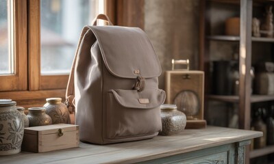 Beige backpack on a wooden table near a window & antiques, evoking a vintage vibe