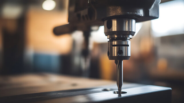 Close-up of a metal drill press, highlighting precision engineering and industrial processes with a focus on metalworking and machining details.