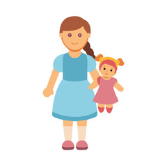 Cartoon girl holding doll isolated on black background