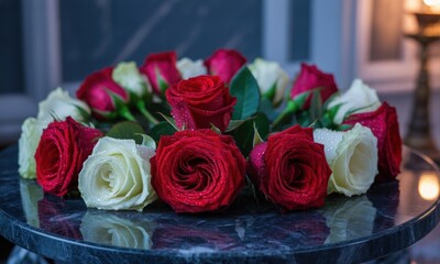 Circular arrangement of red and white roses, water droplets visible, on a marbled surface