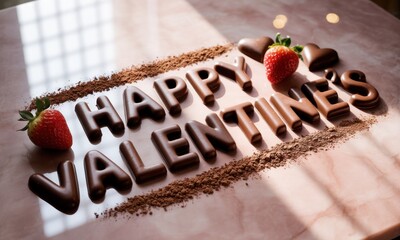Chocolate letters spell "Happy Valentines" with strawberries, cocoa dust, and hearts on a pink surface