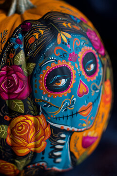 Vibrant painted pumpkin featuring a skull design adorned with flowers for a festive and artistic Halloween or Day of the Dead theme.