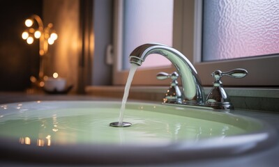 Close-up of a bathroom sink with water flowing from chrome faucet, illuminated by soft light