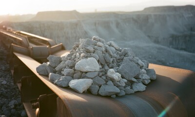 Close-up of a conveyor belt carrying a pile of grey rocks with a sunlit quarry in the background