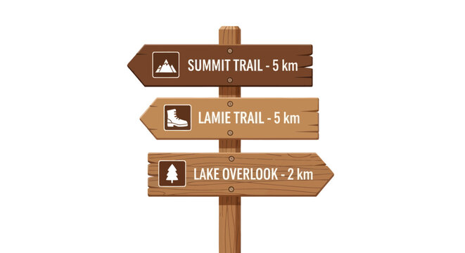 Wooden directional signpost with three trail markers indicating distances.