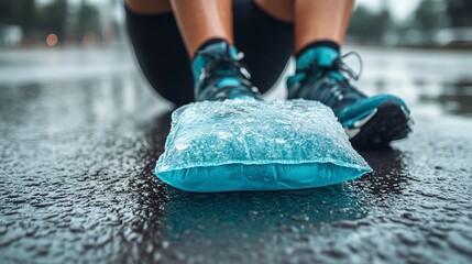 Ice pack applied to sore muscles after intense training session in open outdoor area