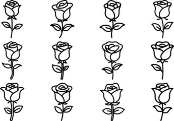 Set of Simple Rose Flower Line Art Icons  Minimalist Floral Outline Collection