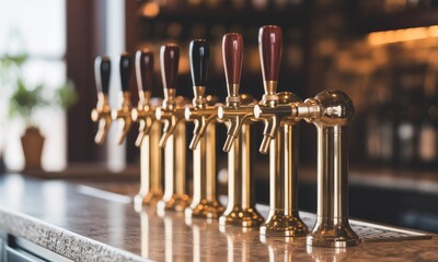 Close-up of a row of gleaming brass beer taps on a bar counter, warm lighting