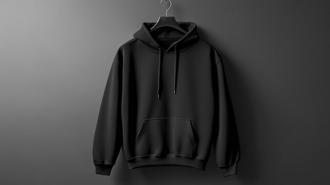 Black hoodie mockup hanging on a sleek, dark wall for design presentation and showcasing fashion trends