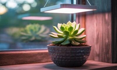 Close-up of a succulent in a pot illuminated by a hanging square light near a window