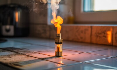 Close-up of a vaporizing device on a tiled surface, emitting glowing smoke
