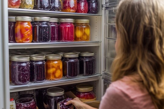 Woman organizing colorful jars of homemade preserves in a kitchen pantry - Powered by Adobe