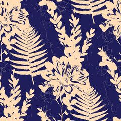 Seamless floral pattern, classic flower ornament, abstract ditsy print in vintage motif. Elegant botanical design of beautiful large wild flowers, leaves, small branches, herbs. Vector illustration.