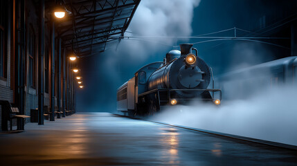 Steam train in dark platform in blue tones for travel