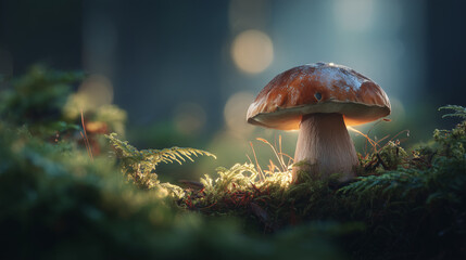Mushroom close-up in forest with moss and natural colors