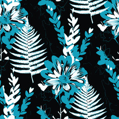 Seamless floral pattern, classic flower ornament, abstract ditsy print in vintage motif. Elegant botanical design of beautiful large wild flowers, leaves, small branches, herbs. Vector illustration.