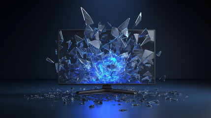 Exploding glass in digital style in blue colors for visual effects