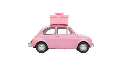 Pink Vintage Car Carrying a Pink Gift Box retro
