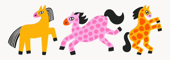 Set of colorful naive horses in flat vector style. Modern folk and minimalist art style for creative projects, posters, nursery prints, textile, and cards.