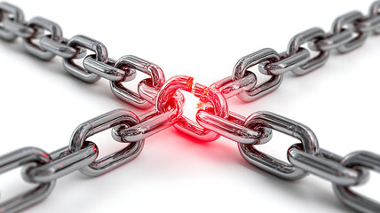 Obraz premium A damaged metal chain link with red glow highlights vulnerability, weakness and the point of failure.