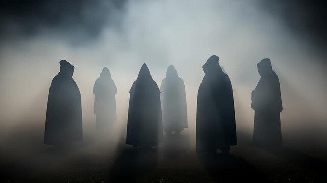 Mysterious Group of Figures in Dark Robes Standing in Foggy Atmosphere with Dramatic Light Rays Illuminating the Scene