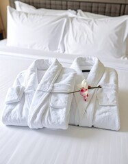 Two white bathrobes folded on a bed with white linens and a pink orchid