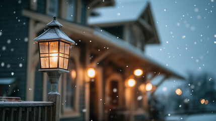 Lantern in snowy evening in soft lights