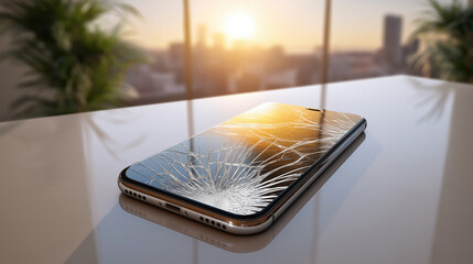 Cracked phone screen in realistic style with black and gold colors, representing damage