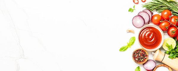 Food background, cooking ingredients on white marble table.