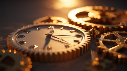 Golden clock gears in intricate style in warm tones for precision