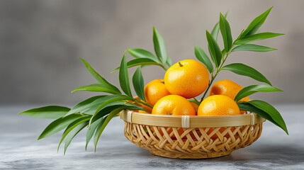 Fresh oranges in basket with green leaves for fruit display
