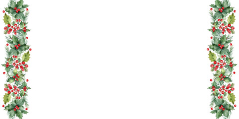 Watercolor New Year frame with poinsettia. Christmas tree, red berries. Horizontal vector divider, headers, invitations, perfect for seasonal design. Vector