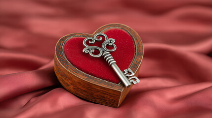 Heart-shaped box with skeleton key in vintage style in red and brown colors for Valentine's Day