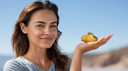 Woman smiling holding gold nugget outdoorsWoman smiling holding gold nugget outdoors