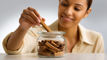 Woman Smiling Taking Cinnamon From Jar