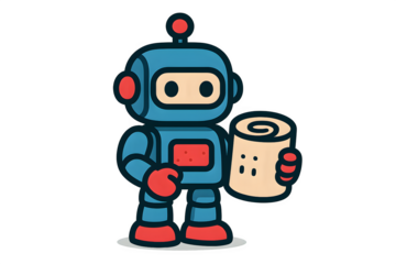 Futuristic blue robot cartoon holding toilet paper, cute healthcare assistant AI bot, hospital automation illustration for patient support and care