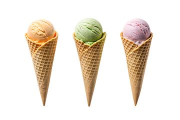 three ice cream cones with different flavors, cutout, PNG isolated on a white or transparent background, generated AI