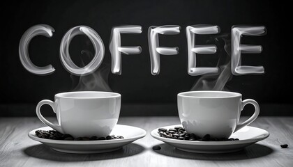 Two white coffee cups steaming, with the word "COFFEE" written in steam