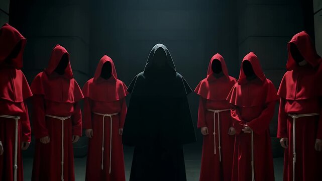 Mysterious hooded figures in red robes gather around a central dark figure in a dimly lit stone chamber creating an atmosphere of secrecy and ritual