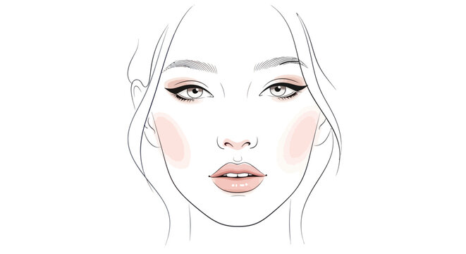 Womans Face Illustration with Makeup: Eyeshadow Eyeliner Blush and Lipstick.