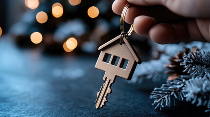 House key on a chain symbolizing home ownership, real estate investment, buying a new property, and future housing dreams during winter season