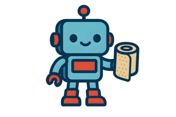 Cute futuristic red-blue robot cartoon holding toilet paper, healthcare assistant AI bot, hospital automation illustration for patient care and support