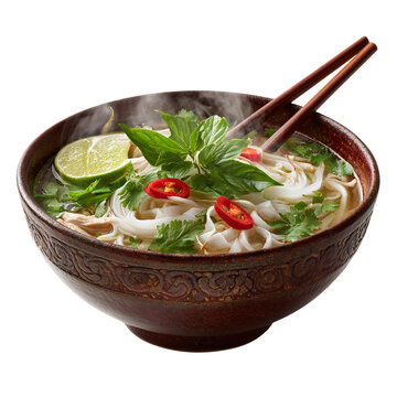 Hot Vietnamese pho noodle soup with meat, fresh herbs, chili, lime wedge, and chopsticks in decorative bowl