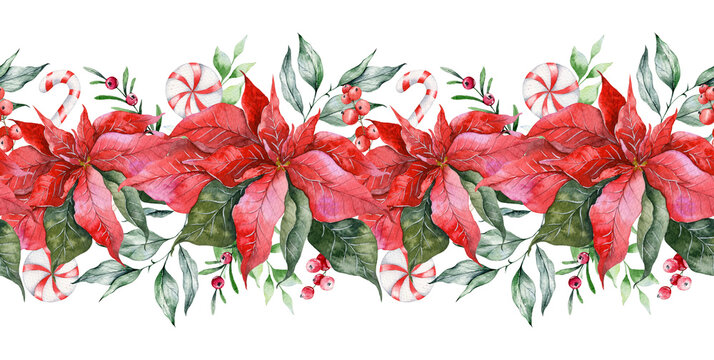 Hand Drawn Watercolor Christmas Border. Christmas Seamless Border with Poinsettia and foliage. Christmas Watercolor. Winter greenery. Christmas border for greeting cards, decoration