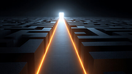 A light illuminates the end of a maze, representing the path to success.